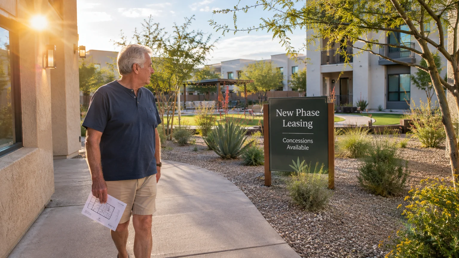 A senior man holding floor plans walks past a New Phase Leasing sign outside a modern apartment community.