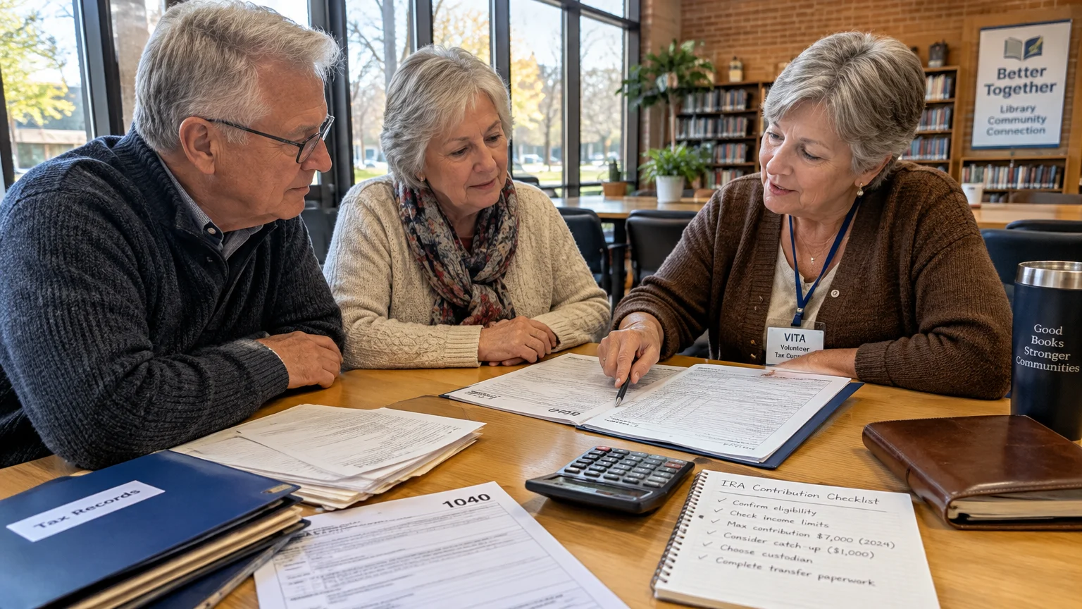 A senior couple reviews tax forms and an IRA checklist with a volunteer seated at a wooden table in a library.