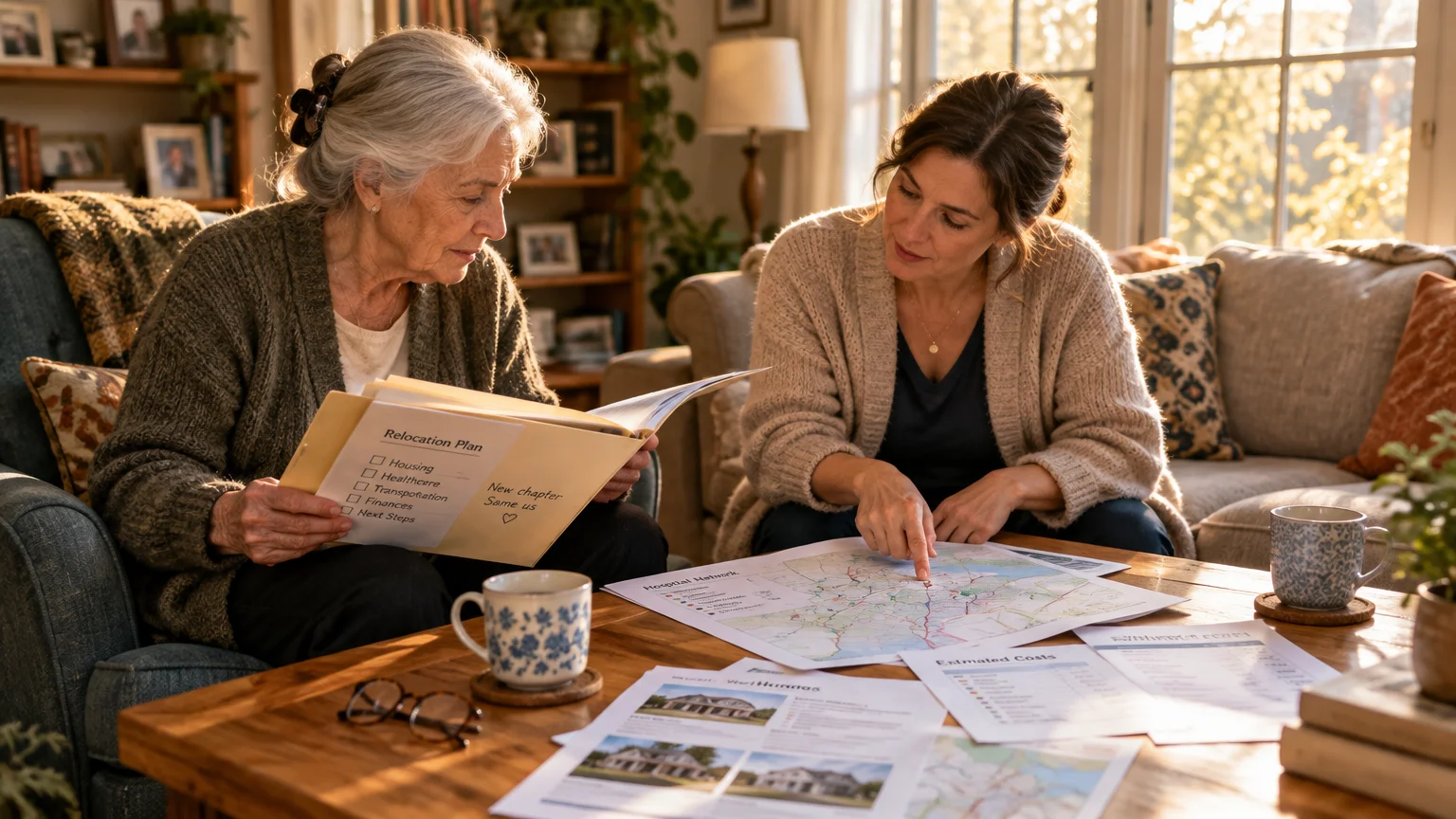 An older woman and a younger woman review relocation plans, maps, and documents spread on a living room table.