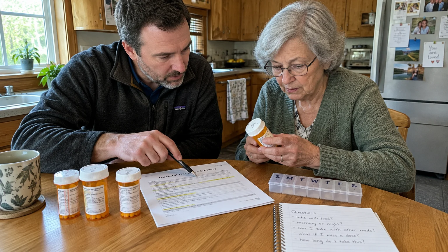 A man and an older woman sit at a kitchen table reviewing a discharge summary, pill bottles, and a weekly pill organizer.