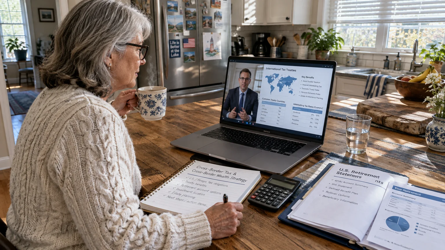 Woman holding coffee cup at kitchen table taking notes during video call on laptop displaying international tax treaties.