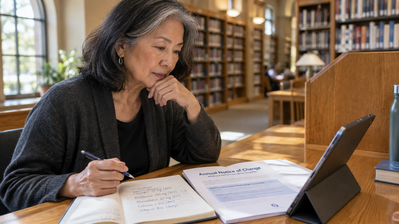 Woman at a library desk reviewing an Annual Notice of Change document and handwritten medication list near a tablet.
