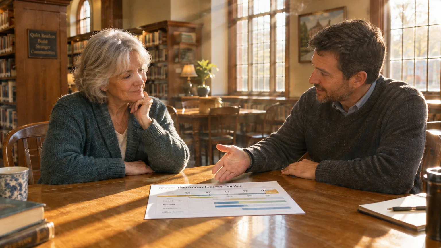 A man and a mature woman sit at a library wooden table discussing a printed retirement income timeline chart.