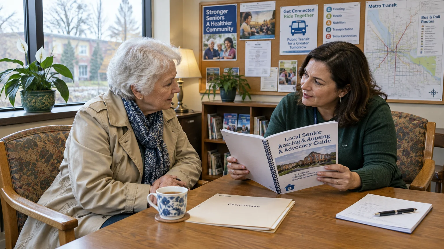 A counselor reviews a senior housing guide booklet with an older woman seated at a wooden desk in an office.