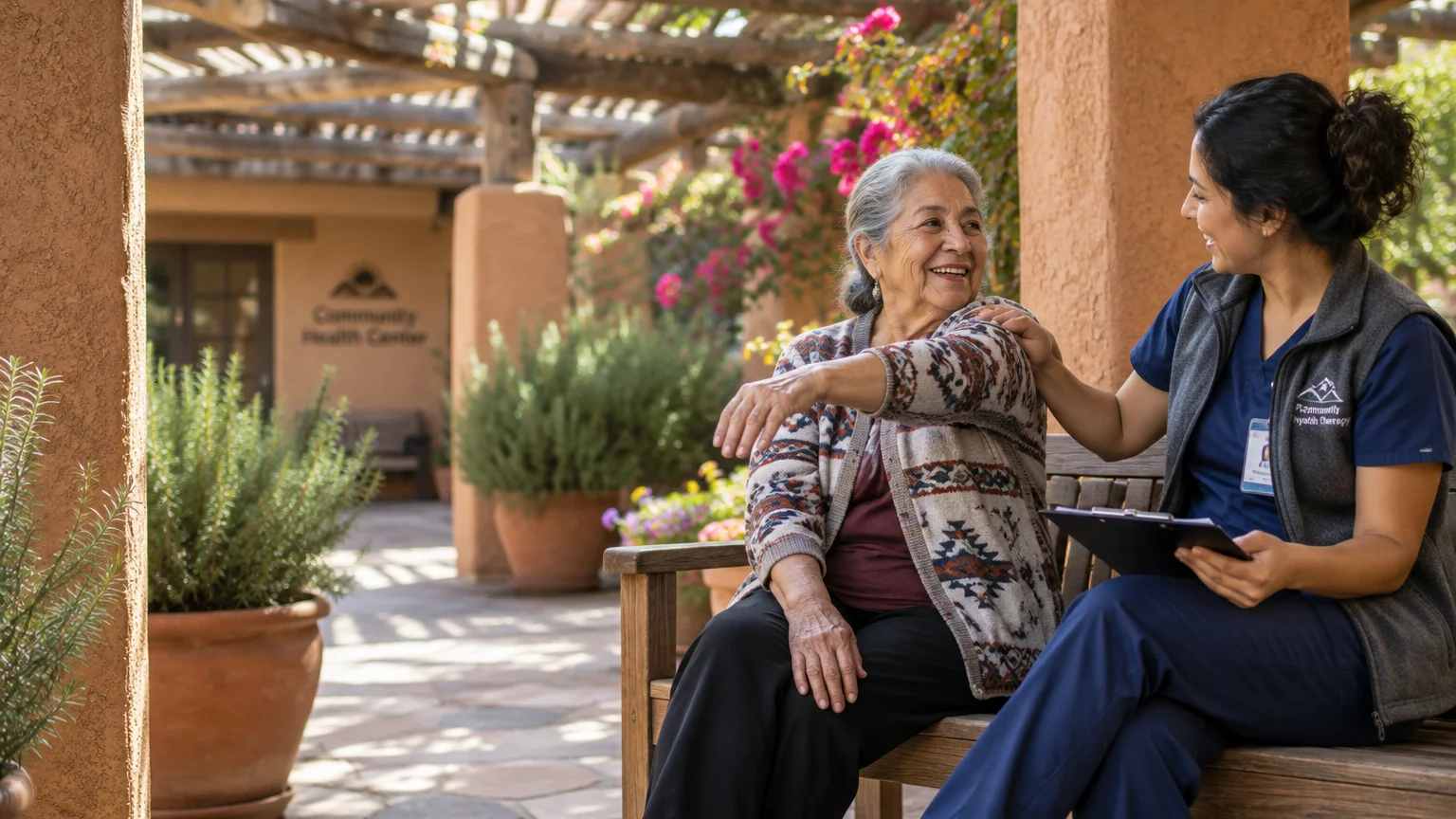 A nurse talks with a smiling senior woman seated on a wooden bench outside a community health center courtyard.