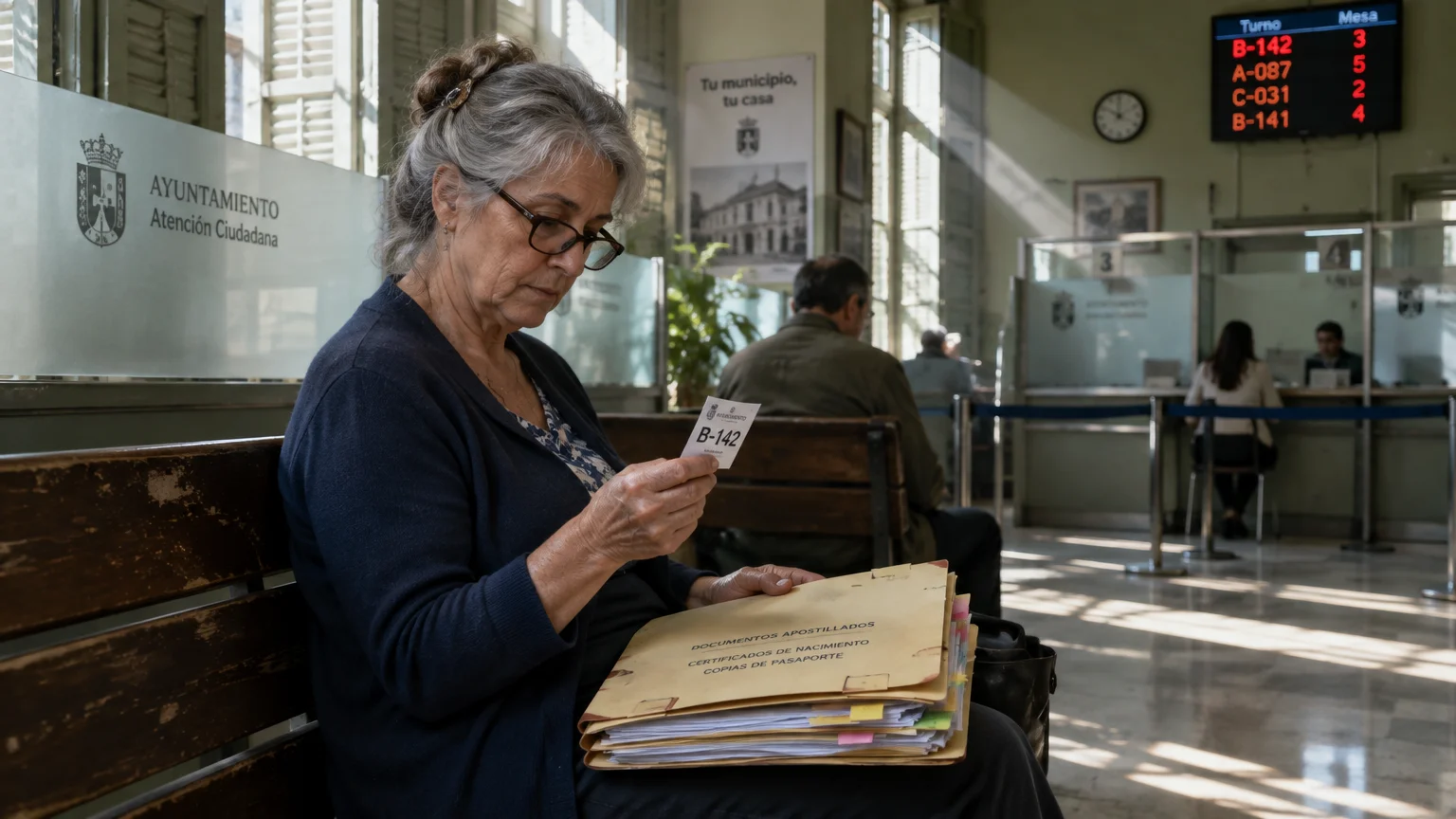 A woman sits on a bench holding a queue ticket and a thick folder of documents in a government office waiting room.