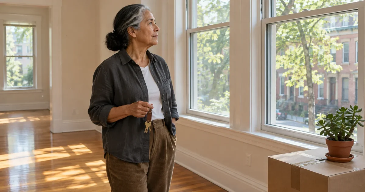 Senior woman holding keys looks out a window in an empty apartment next to a moving box and potted plant.