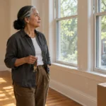 Senior woman holding keys looks out a window in an empty apartment next to a moving box and potted plant.