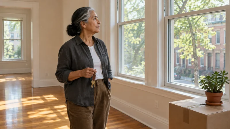 Senior woman holding keys looks out a window in an empty apartment next to a moving box and potted plant.