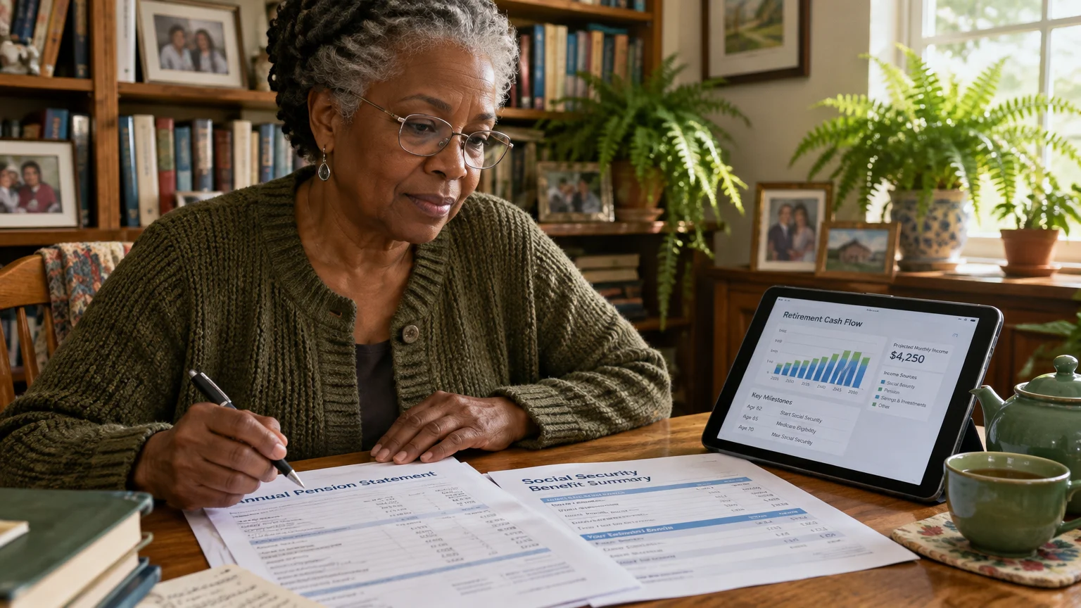 A senior woman reviews pension and Social Security statements beside a tablet displaying retirement cash flow data.