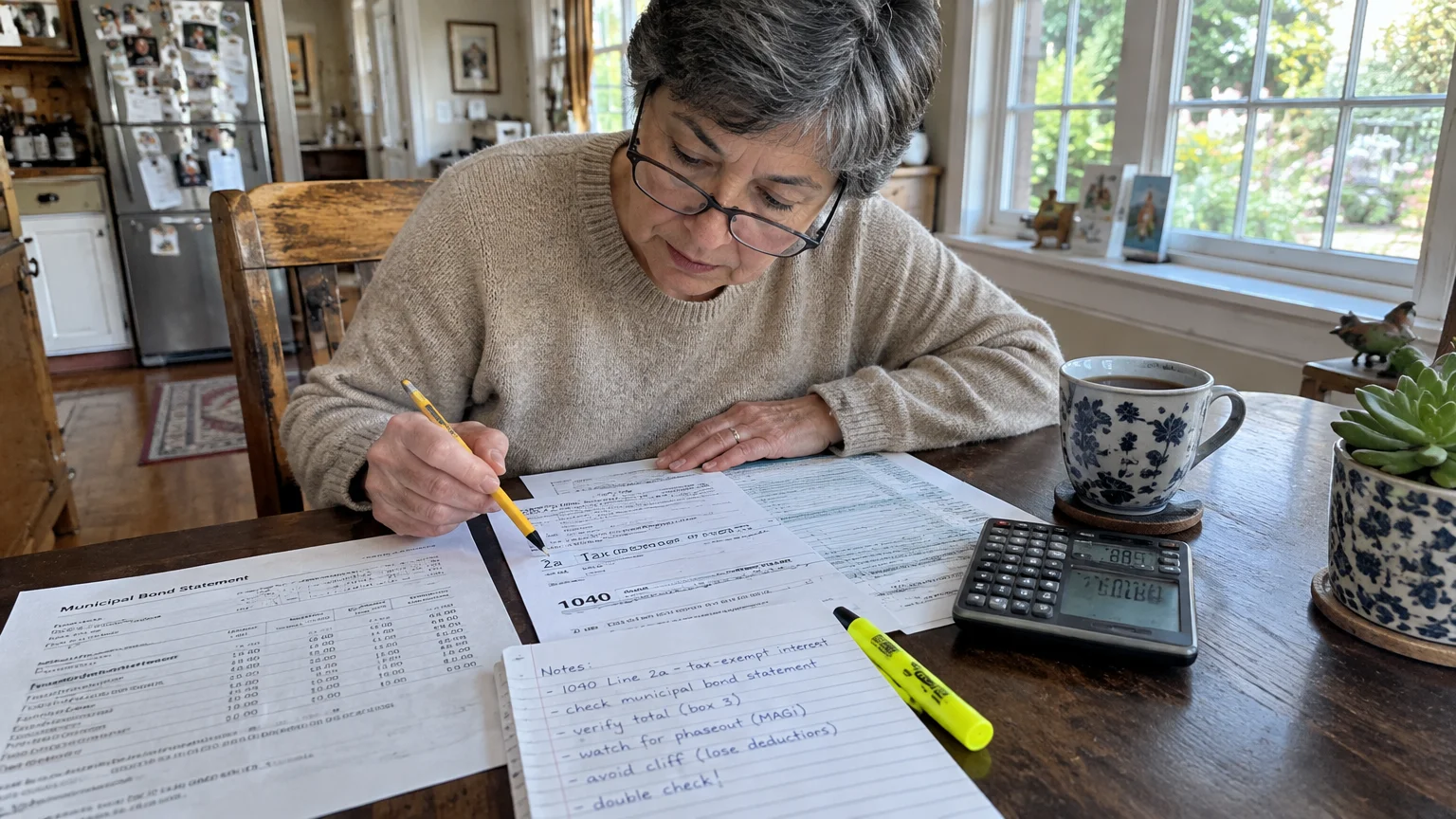 A woman with glasses reviews a 1040 tax form and municipal bond statement at a wooden table with a calculator.