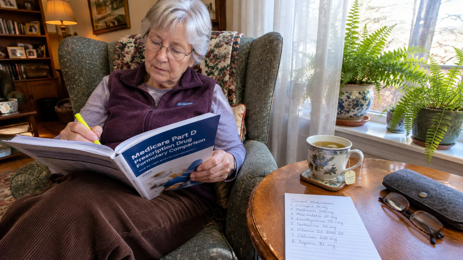 A senior woman in an armchair reviews a Medicare Part D comparison booklet with a highlighter beside a medication list.
