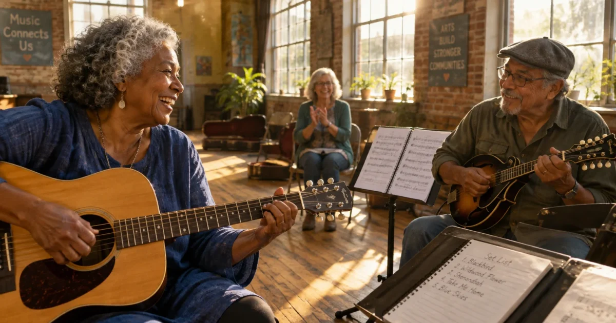 Older adults playing acoustic guitar and mandolin together in a bright sunlit studio as another woman claps along.