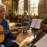 Older adults playing acoustic guitar and mandolin together in a bright sunlit studio as another woman claps along.