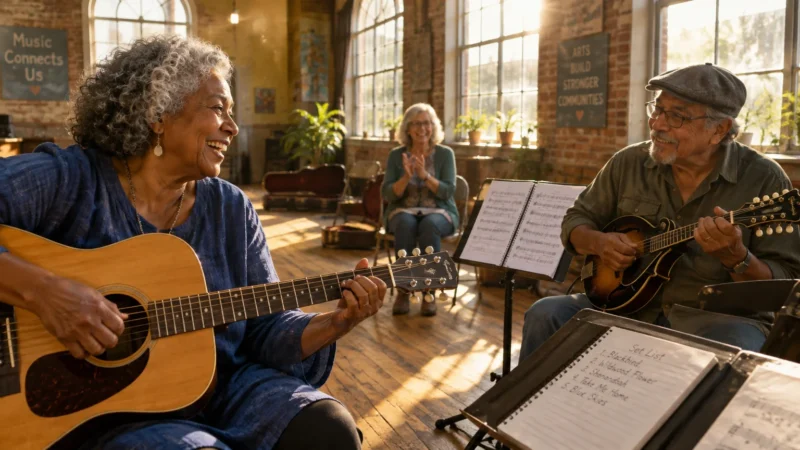 Older adults playing acoustic guitar and mandolin together in a bright sunlit studio as another woman claps along.