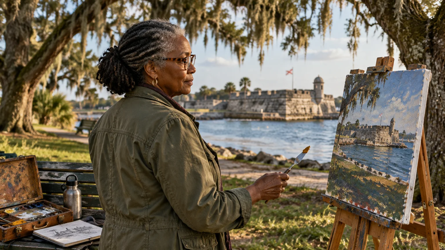 Older woman painting a waterside stone fort on an easel outdoors beneath moss-draped oak trees.