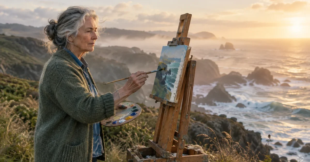 Senior woman painting a rocky coastal seascape on an easel at sunset.