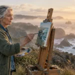 Senior woman painting a rocky coastal seascape on an easel at sunset.