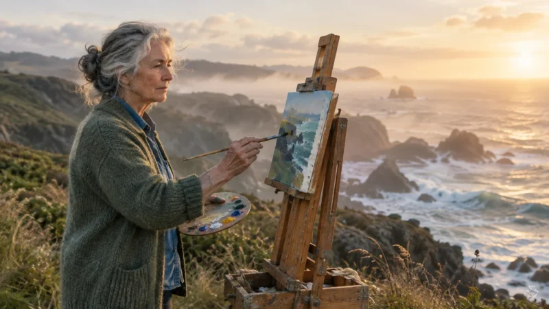 Senior woman painting a rocky coastal seascape on an easel at sunset.