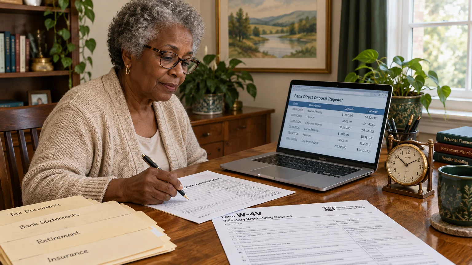 A senior woman reviews financial documents and a laptop showing direct deposits at a wooden desk with a Form W-4V.
