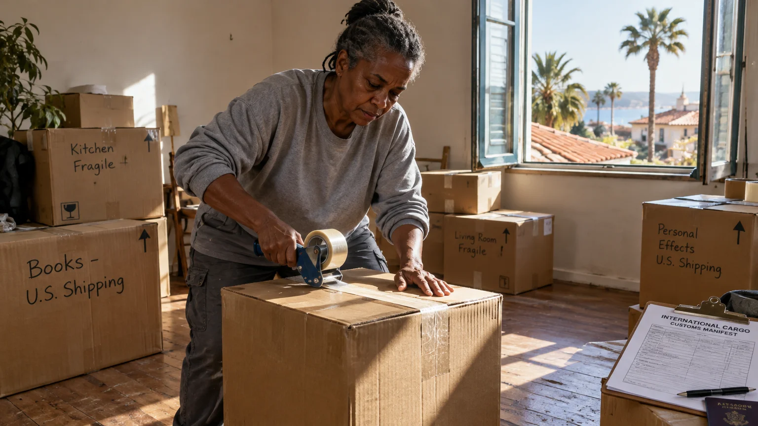 A woman tapes up cardboard moving boxes labeled for U.S. shipping near an open window overlooking palm trees.