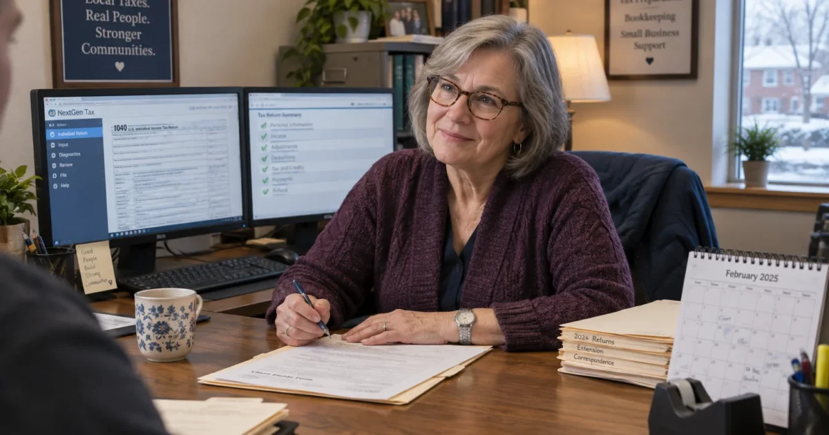 Older woman with glasses sitting at a desk with tax forms and dual computer monitors, talking to a client.