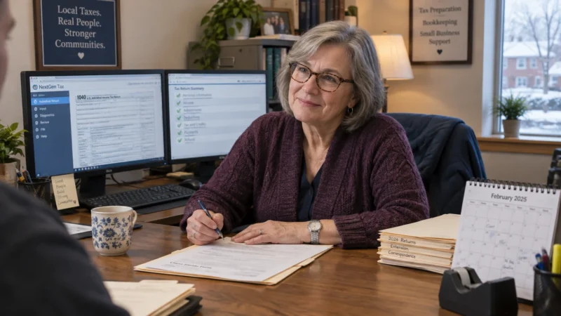 Older woman with glasses sitting at a desk with tax forms and dual computer monitors, talking to a client.