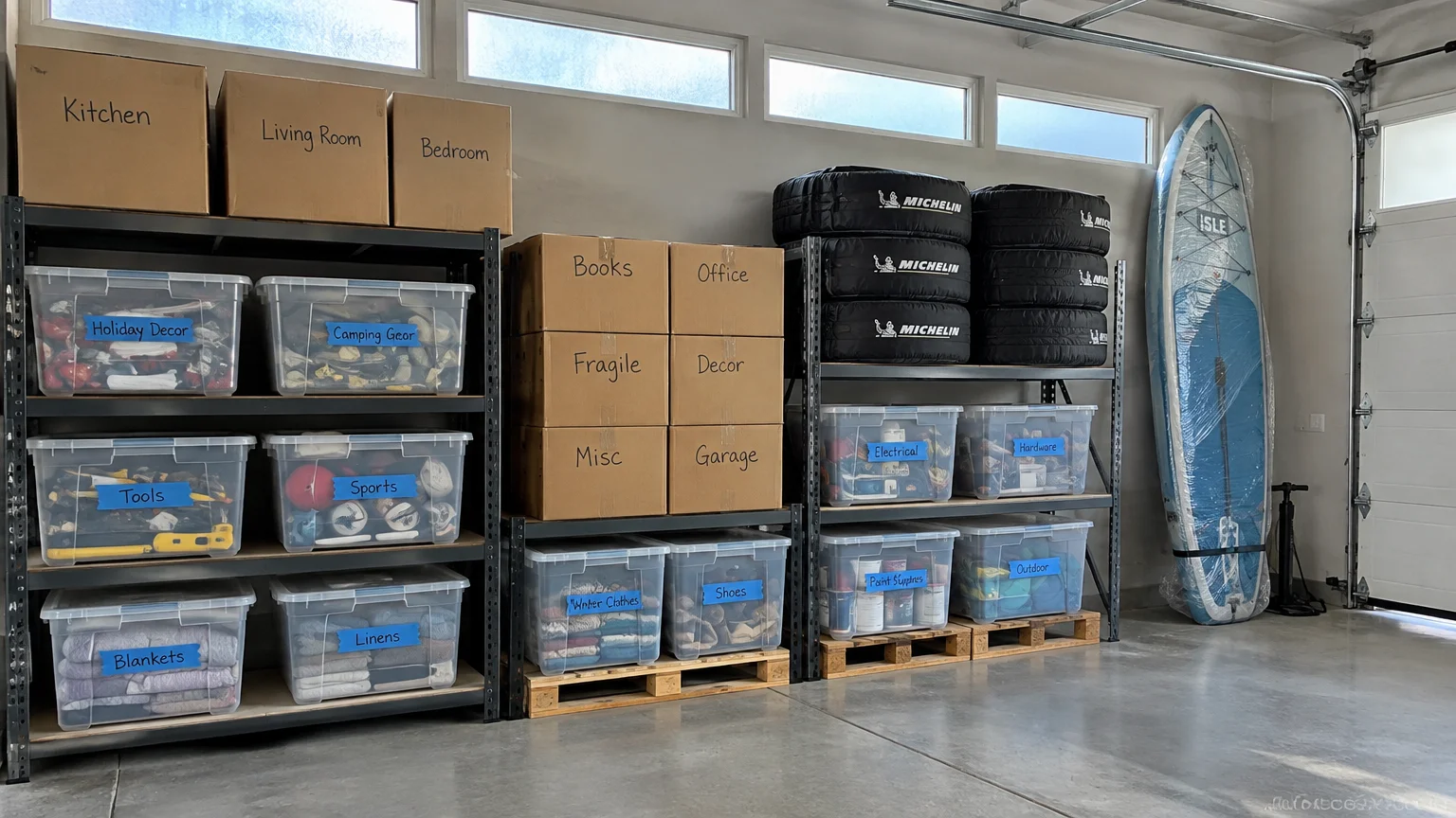 Metal shelving units in a clean garage holding labeled cardboard boxes, clear plastic bins, and stacked tires.