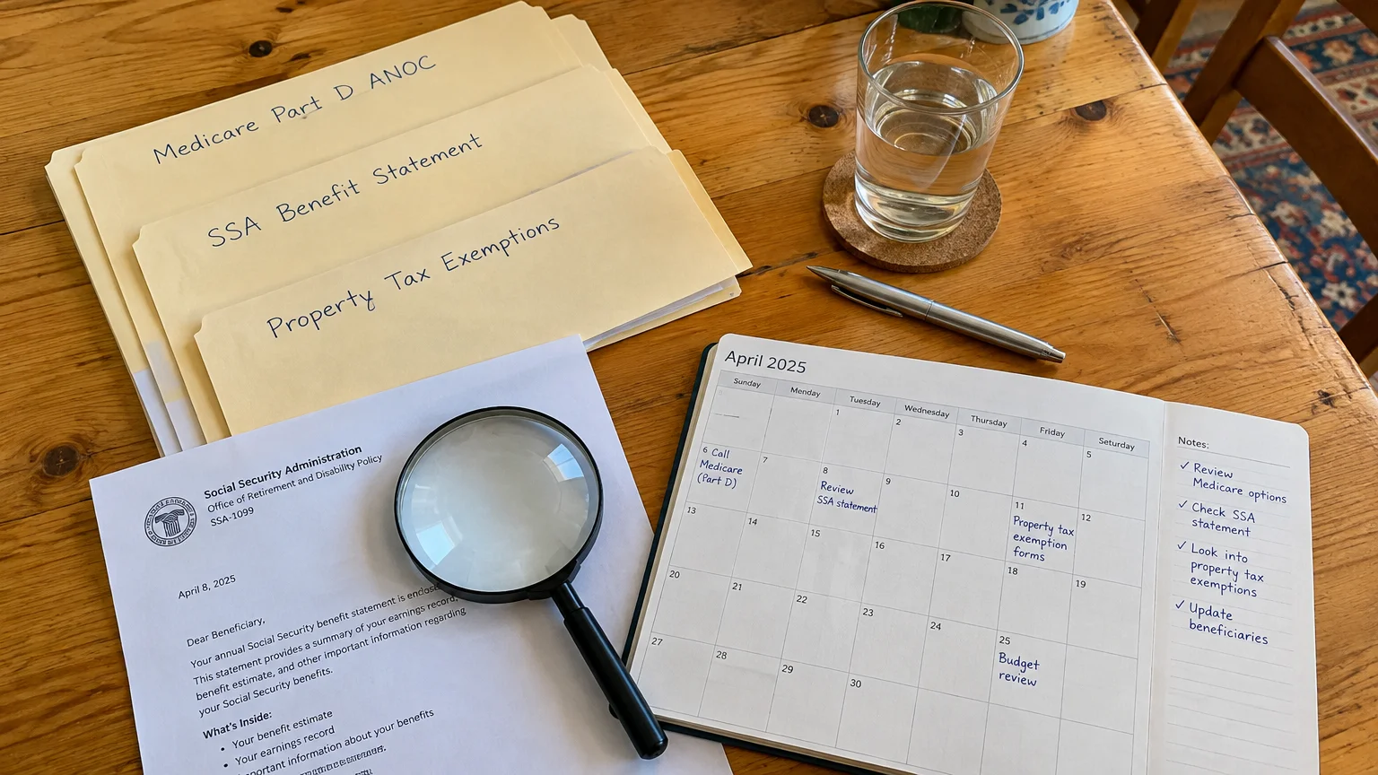 File folders, a Social Security statement under a magnifying glass, a monthly planner, and a glass of water on a table.