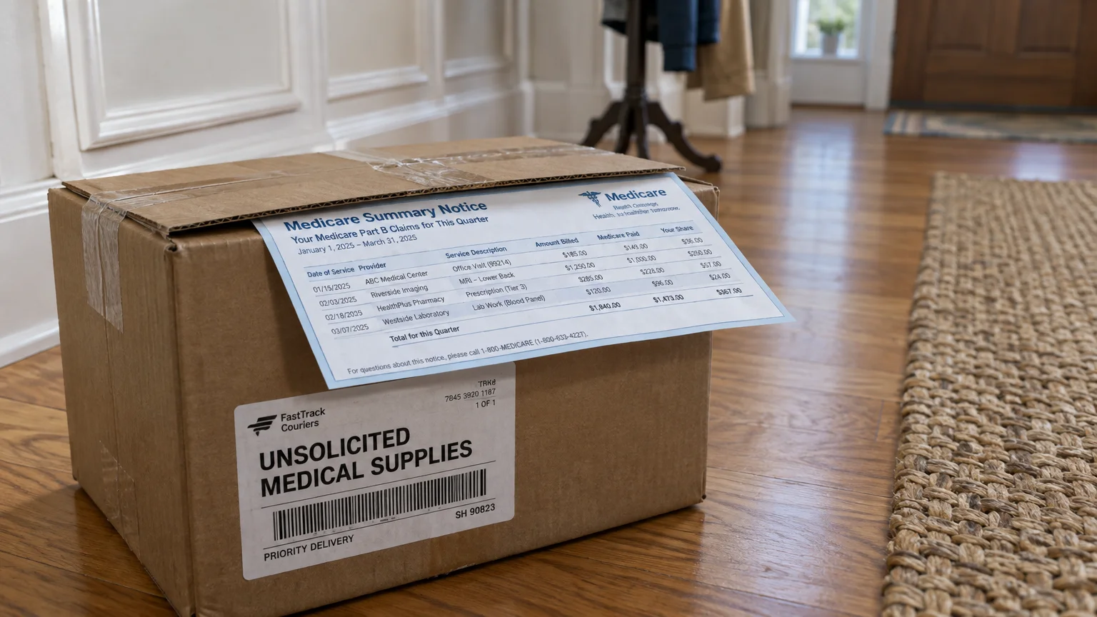 Cardboard delivery box labeled unsolicited medical supplies sitting on a wooden floor with a Medicare Summary Notice on top.