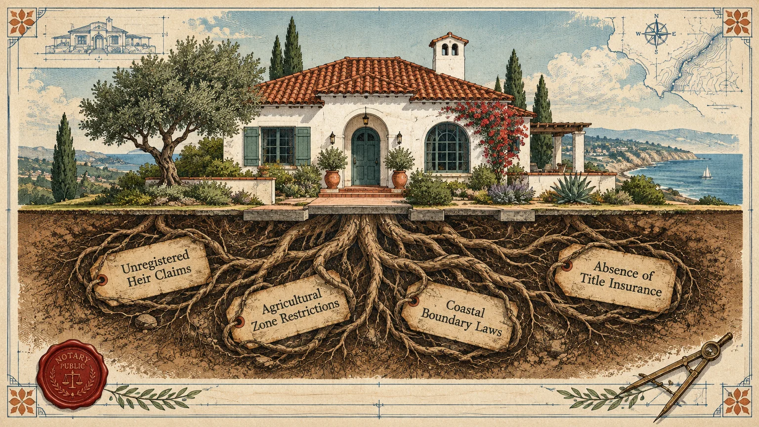 Cross-section illustration of a coastal villa with underground roots tagged with various real estate legal risks.