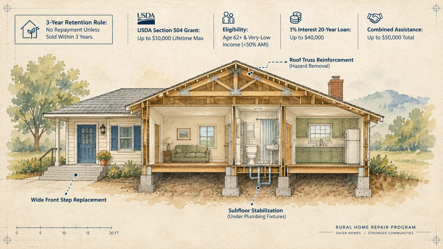 Architectural cross-section diagram of a house showing structural repairs alongside USDA Section 504 grant program details.