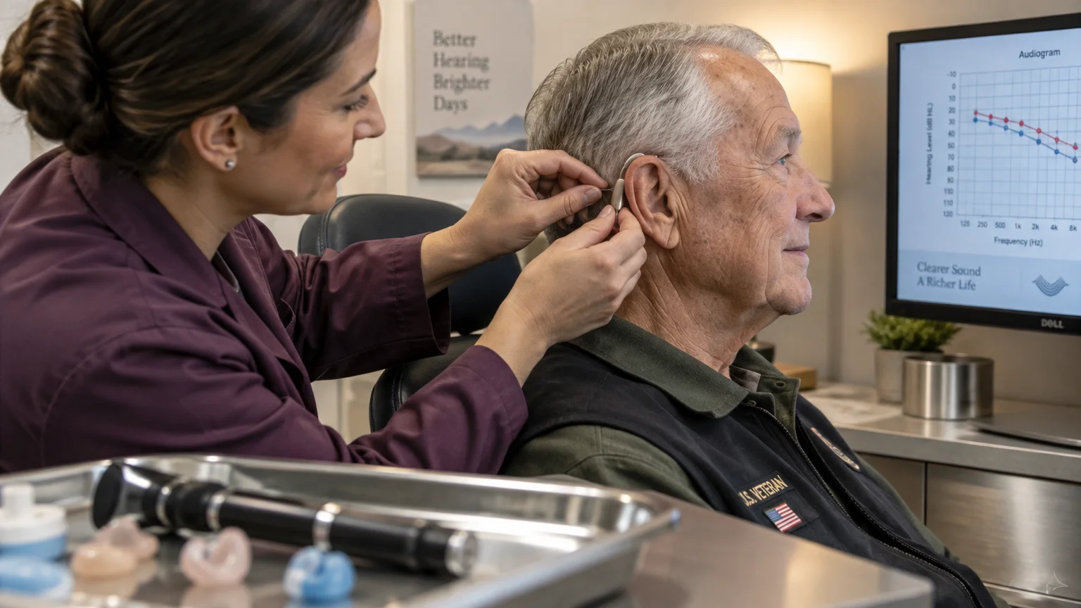An audiologist fits a hearing aid onto an older male veteran's ear in front of an audiogram computer screen.