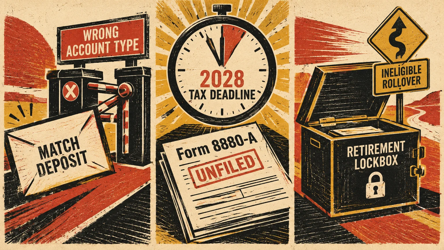 Retro-style triptych illustration depicting retirement pitfalls, including barrier gates, a clock, Form 8880-A, and a lockbox.