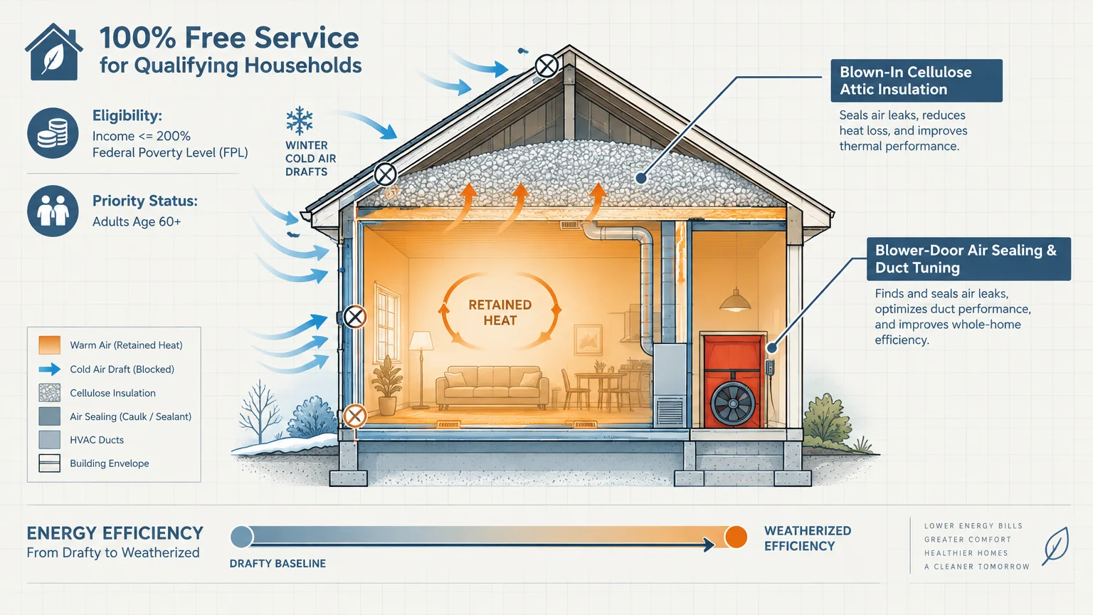 Cutaway diagram of a home showing blown-in attic insulation and air sealing retaining heat during winter.