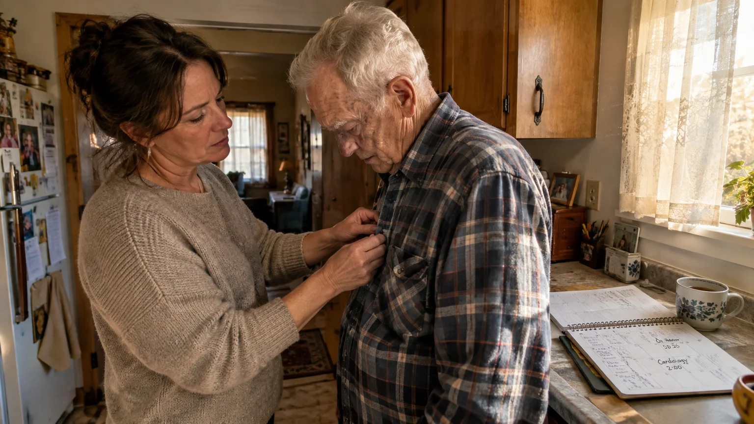 A woman buttoning an elderly man's plaid shirt in a kitchen next to a counter with a notebook schedule.
