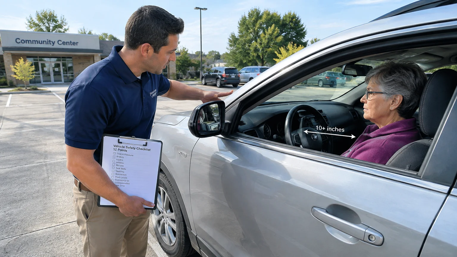 A technician with a clipboard helps a senior woman sitting in her car, showing a 10+ inches arrow to the steering wheel.