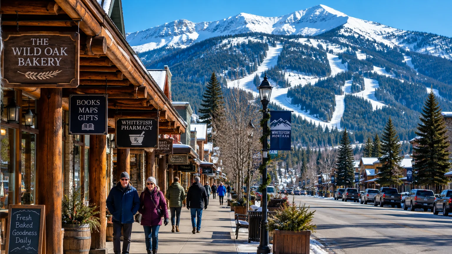 People walk along a covered wooden sidewalk lined with shops beneath a snow-covered mountain with ski trails.