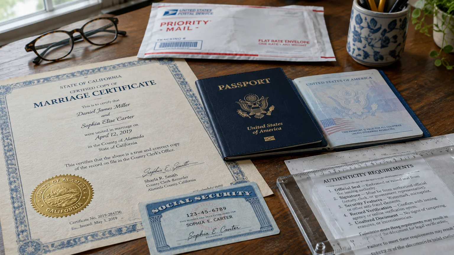A marriage certificate, U.S. passport, Social Security card, Priority Mail envelope, and eyeglasses on a wooden desk.