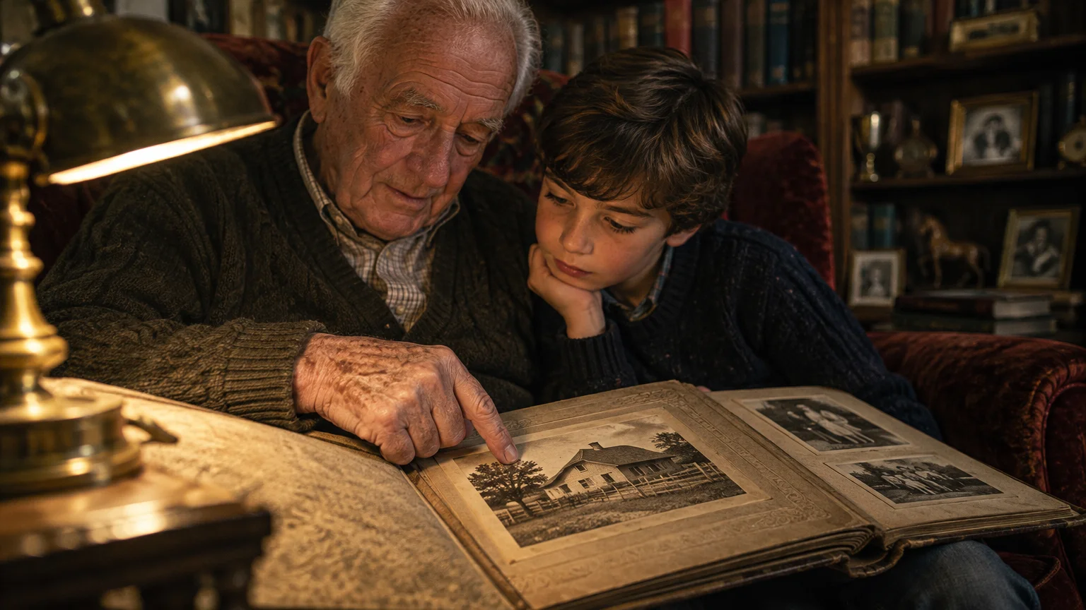 An elderly man and a young boy look together at vintage black-and-white photographs in an open album under a lamp.