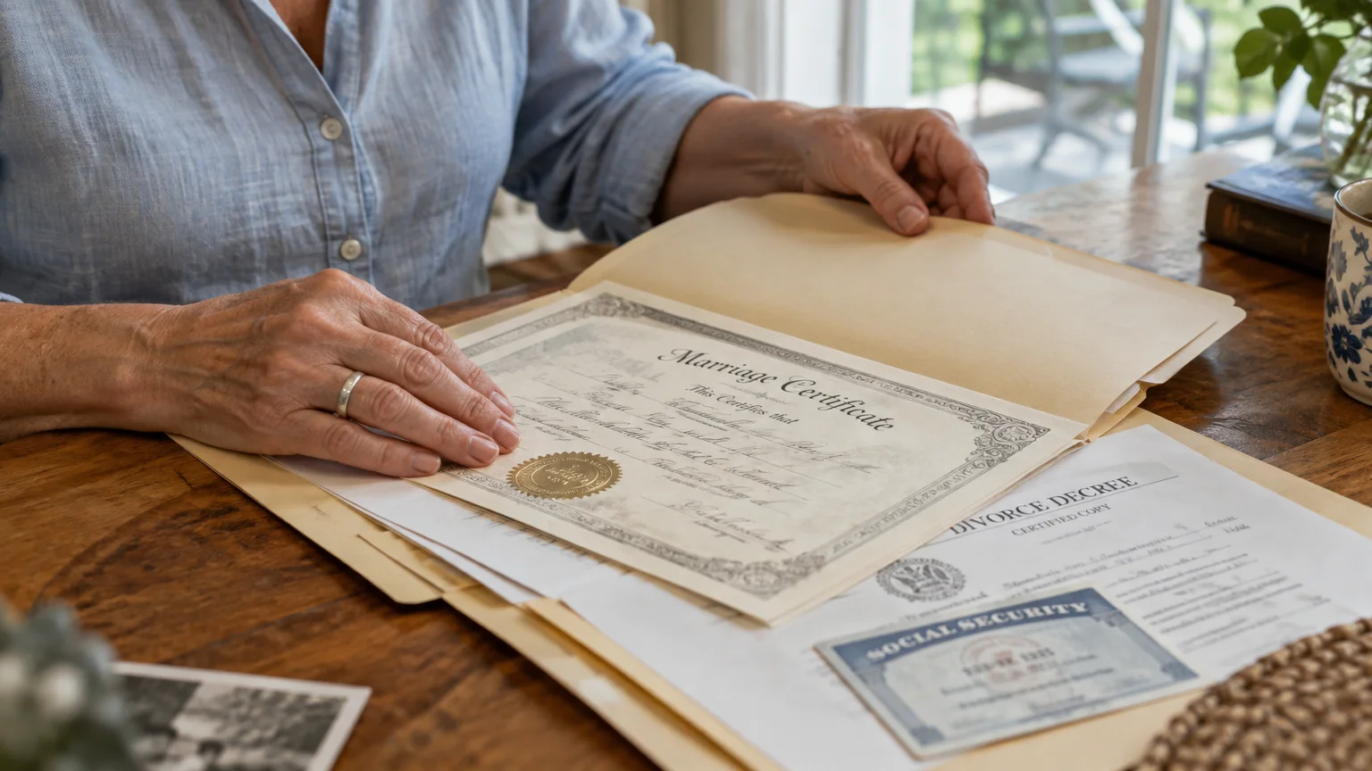 A person opening a manila folder with a marriage certificate, divorce decree, and Social Security card on a table.