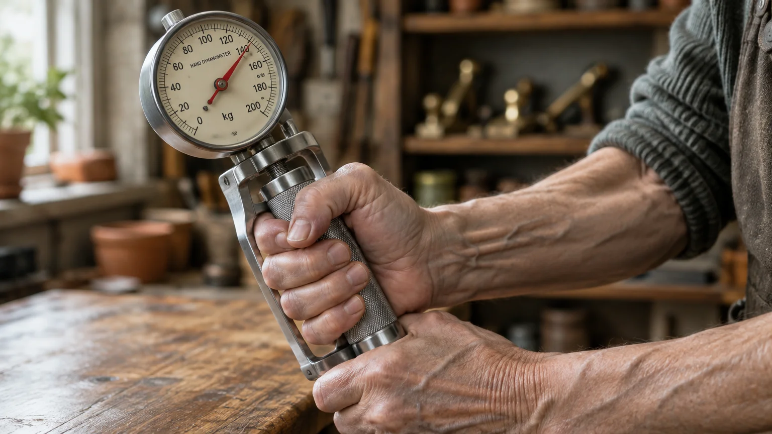 Hands squeezing a vintage mechanical hand dynamometer over a wooden workbench in a workshop.