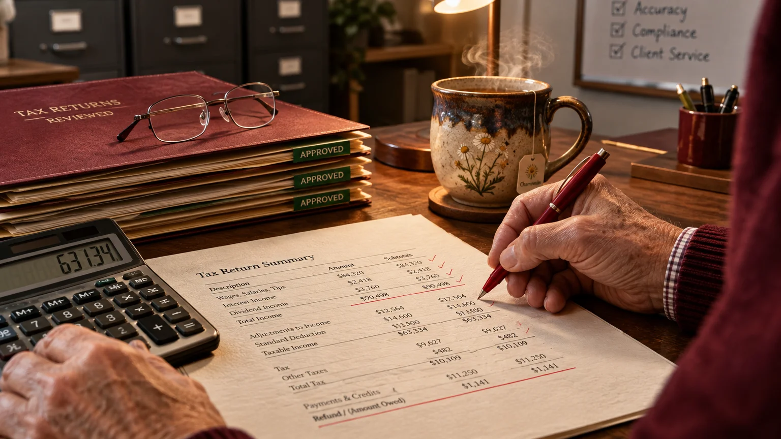 Person reviewing a tax return summary document with a pen and calculator at a desk with folders and tea.