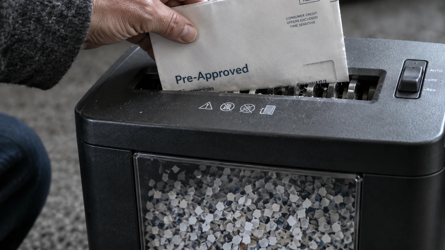 A hand feeds a pre-approved credit mail offer into a black paper shredder filled with confetti-cut paper.