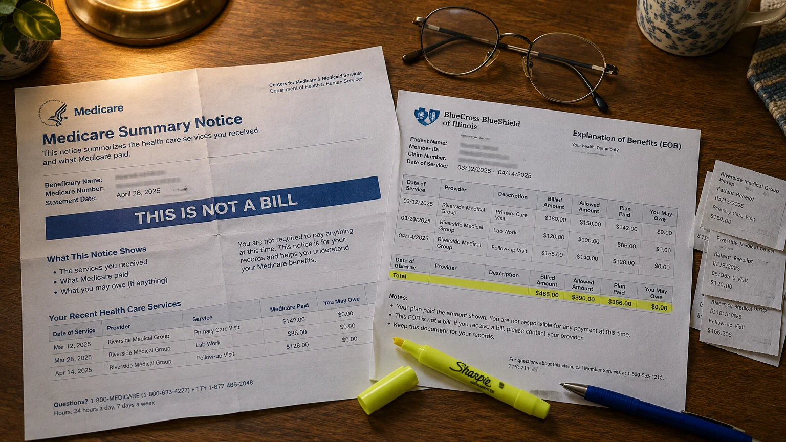 A Medicare Summary Notice and an Explanation of Benefits paper on a wooden desk beside eyeglasses, pen, and a yellow highlighter.