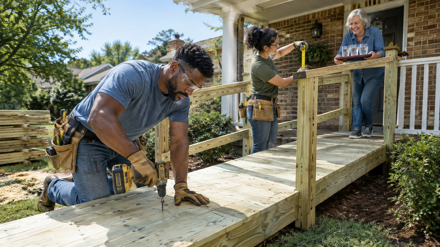 Two volunteers build a wooden wheelchair ramp leading to a porch while a senior homeowner brings them drinks on a tray.