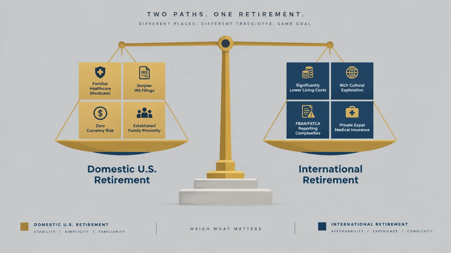 Balance scale graphic comparing Domestic U.S. Retirement benefits and International Retirement trade-offs.