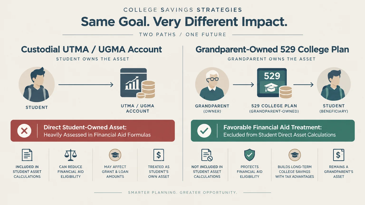 Diagram comparing financial aid impacts of custodial UTMA accounts versus grandparent-owned 529 plans.