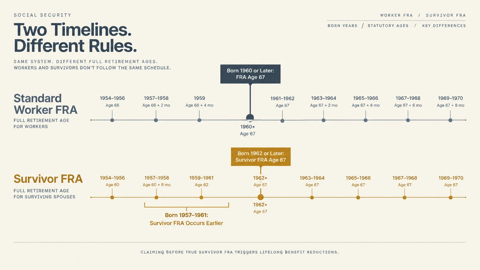 Diagram comparing Standard Worker FRA and Survivor FRA timelines across birth years from 1954 to 1970.