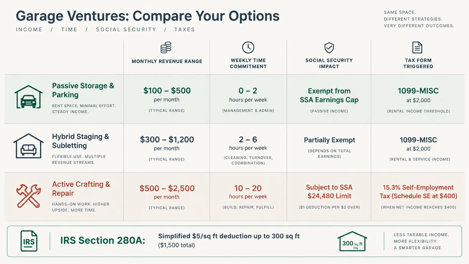 Comparison table of garage ventures detailing revenue ranges, weekly time commitments, Social Security impact, and tax forms.